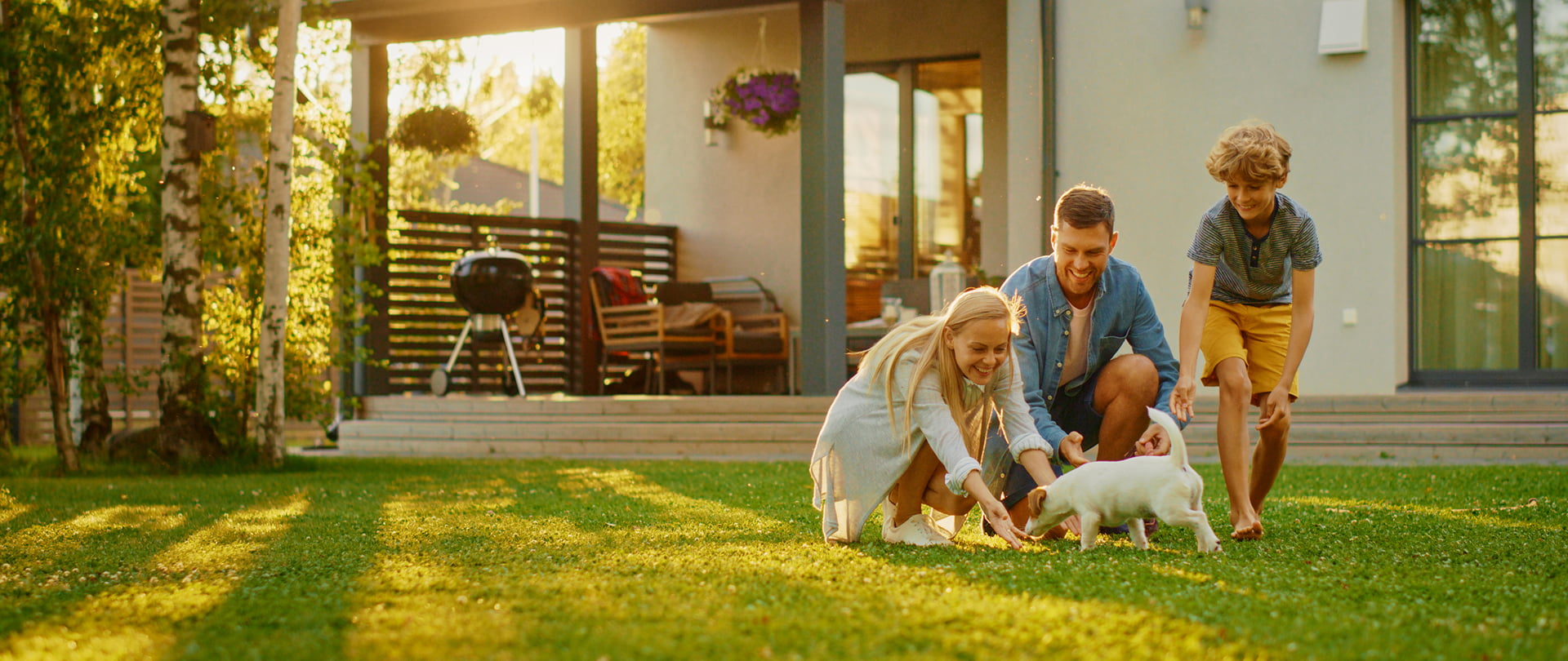 A family joyfully playing with their dog in a green yard, surrounded by trees and a bright blue sky